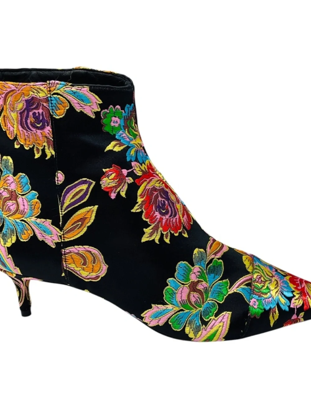ALEXANDRE BIRMAN BLACK MULTI FLORAL JACQUARD SATIN ANKLE BOOTS